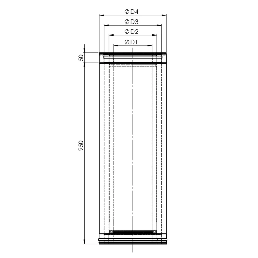 izoliuotas-trisienis-dūmtraukio-ortakio-segmentas-L-1.0-m-brėžinys INSULATED TRIPLE WALL AIR-FLUE CHIMNEY SECTION, L-1 M