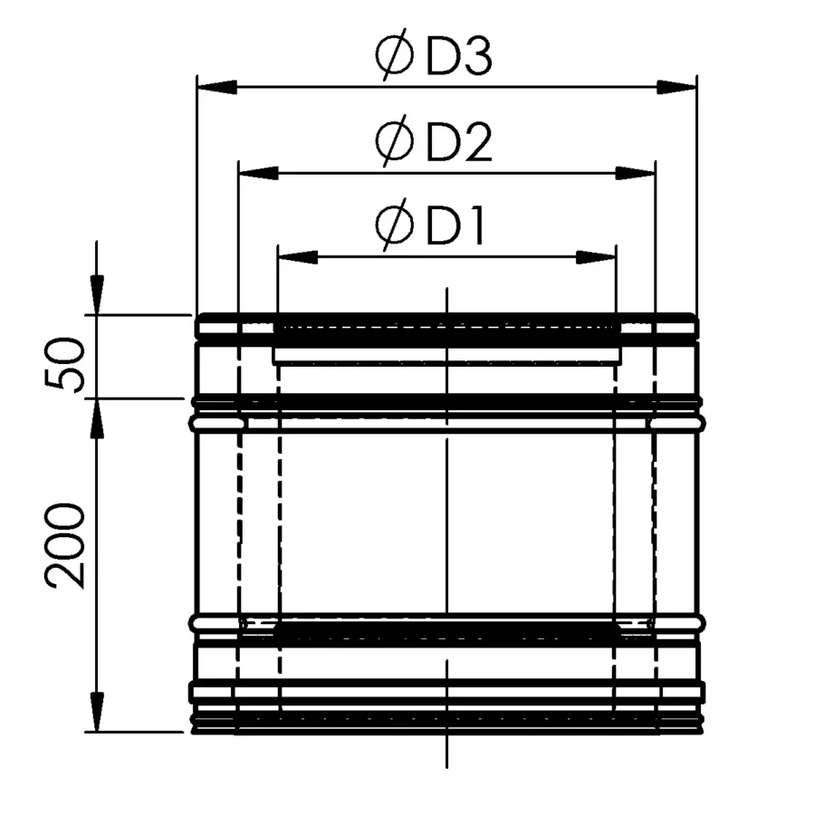 trisienio-dūmtraukio-segmentas-L-0.25-m-brėžinys TRIPLE WALL AIR-FLUE CHIMNEY SECTION, L-0.25 M