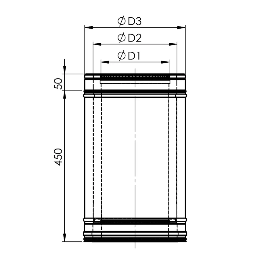 trisienio-dūmtraukio-segmentas-L-0.5-m-brėžinys TRIPLE WALL AIR-FLUE CHIMNEY SECTION, L-0.5 M